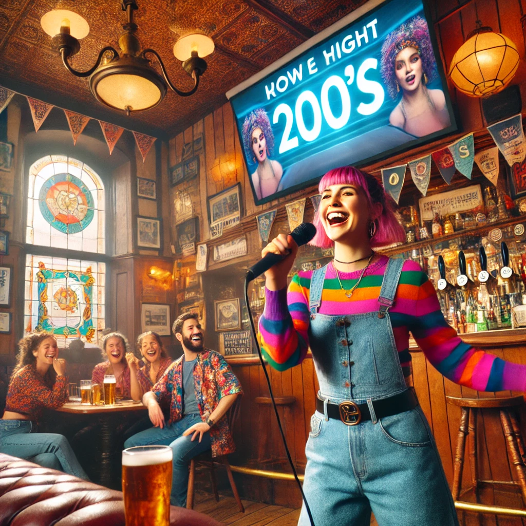 Karaoke-avond met scherm en microfoons (AI-beeld)