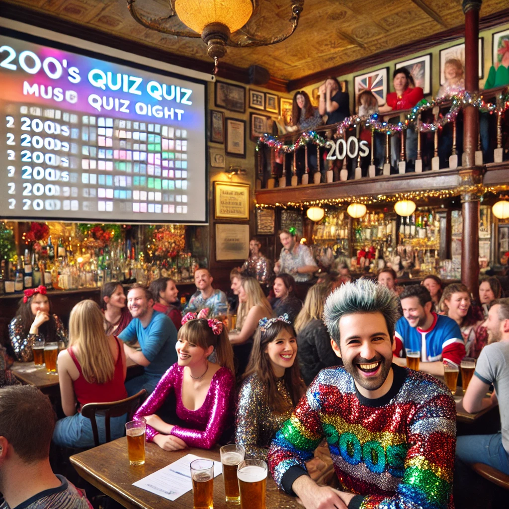 Muziekquiz met teams en projectiescherm (AI-beeld)